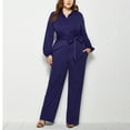thumbnail image 2 of Wyobmus Women's Dressy Jumpsuits Fashion Solid Casual V-Neck Long Sleeve Waistband Long Overalls Dark Blue, 2 of 5