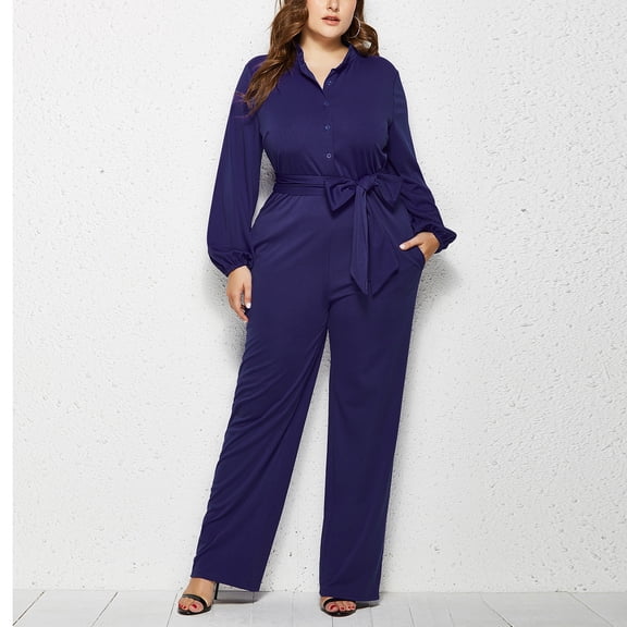 CQONEPT Plus Size Romper for Women Removable Belt Jumpsuit Casual Button Down Trendy Fashion Coveralls with Pockets Dark Blue 3XL
