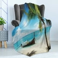 thumbnail image 4 of Nautical Soft Flannel Fleece Blanket, Small Boat in the Atlantic Ocean Dominican Sunny Sea and Palm Trees Image, Cozy Plush for Indoor and Outdoor Use, 50" x 70", Aqua Coconut Green, by Ambesonne, 4 of 5