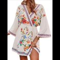 thumbnail image 3 of Vestido Mini Informal con Cuello en V, Estampado Floral, Mangas Acampanadas y Cintura Elástica para Mujer. XXL, 3 of 9