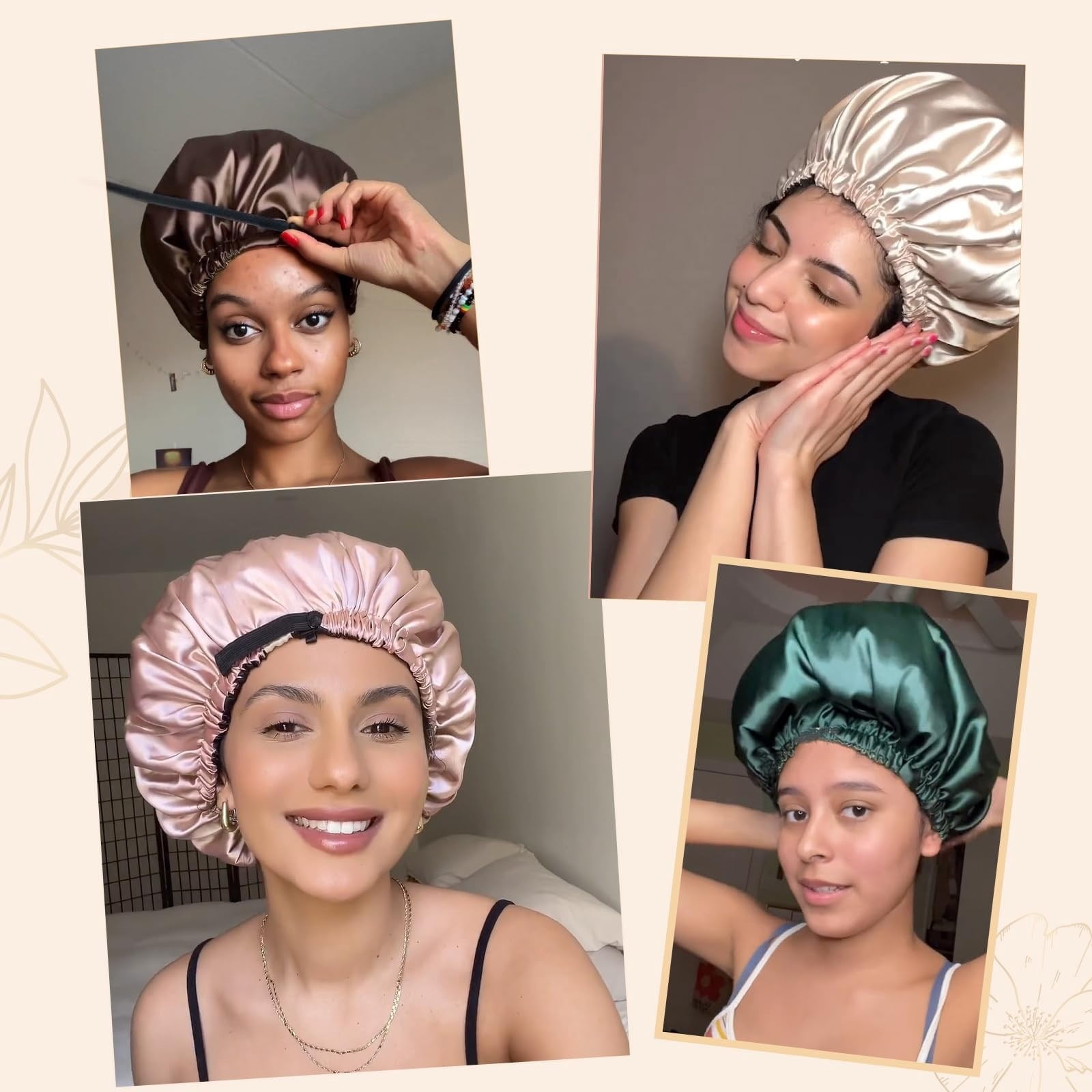2-Pack Adjustable Satin Bonnet for Women, Double-Layer Sleep Cap & Shower Hat