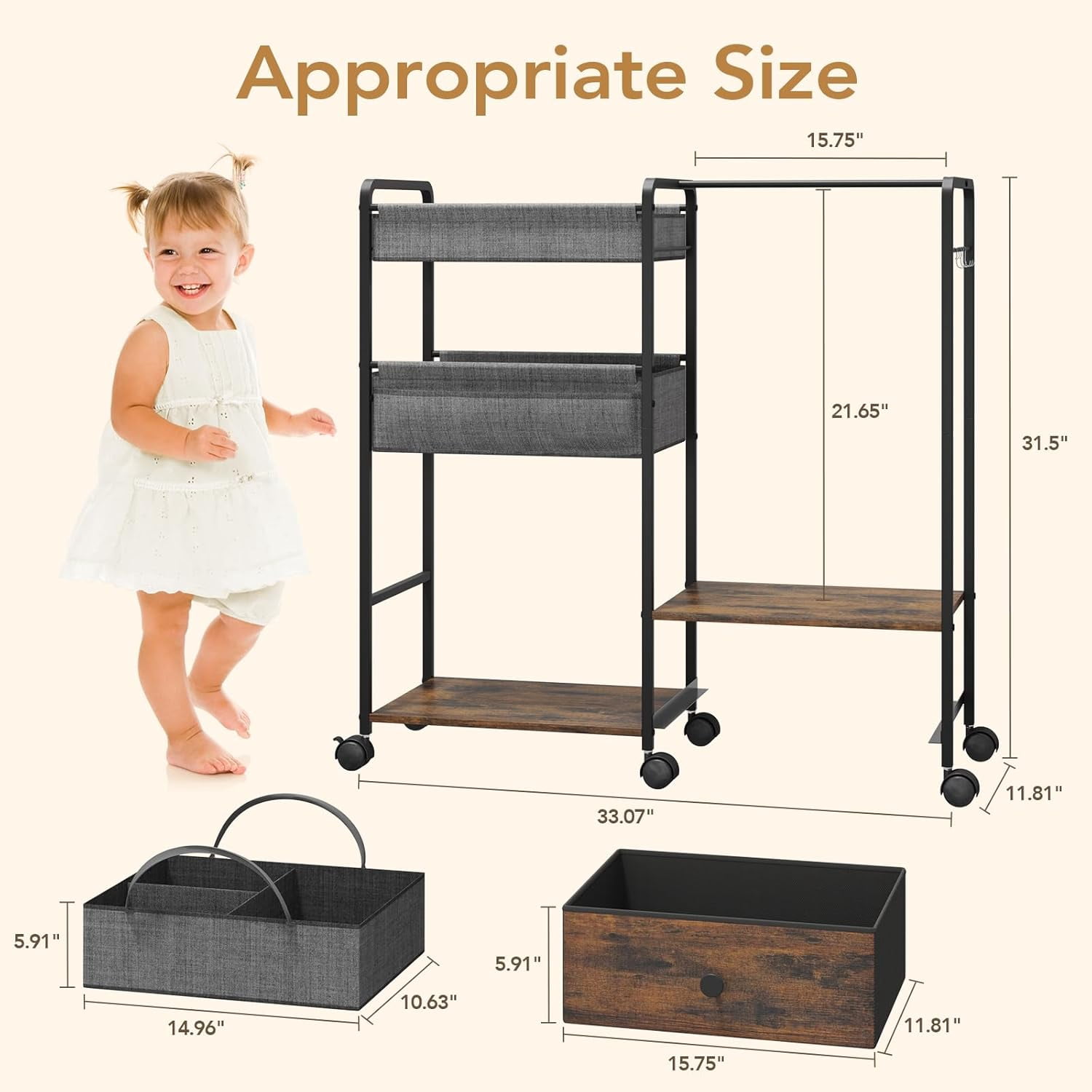 3in1 Diaper Caddy Organizer - Diaper Caddy & Rolling Diaper Cart with Kids Clothing Rack for Nursery and Baby Essentials, Multi-Function Utility Cart for Bedroom and Bathroom, Black&Brown