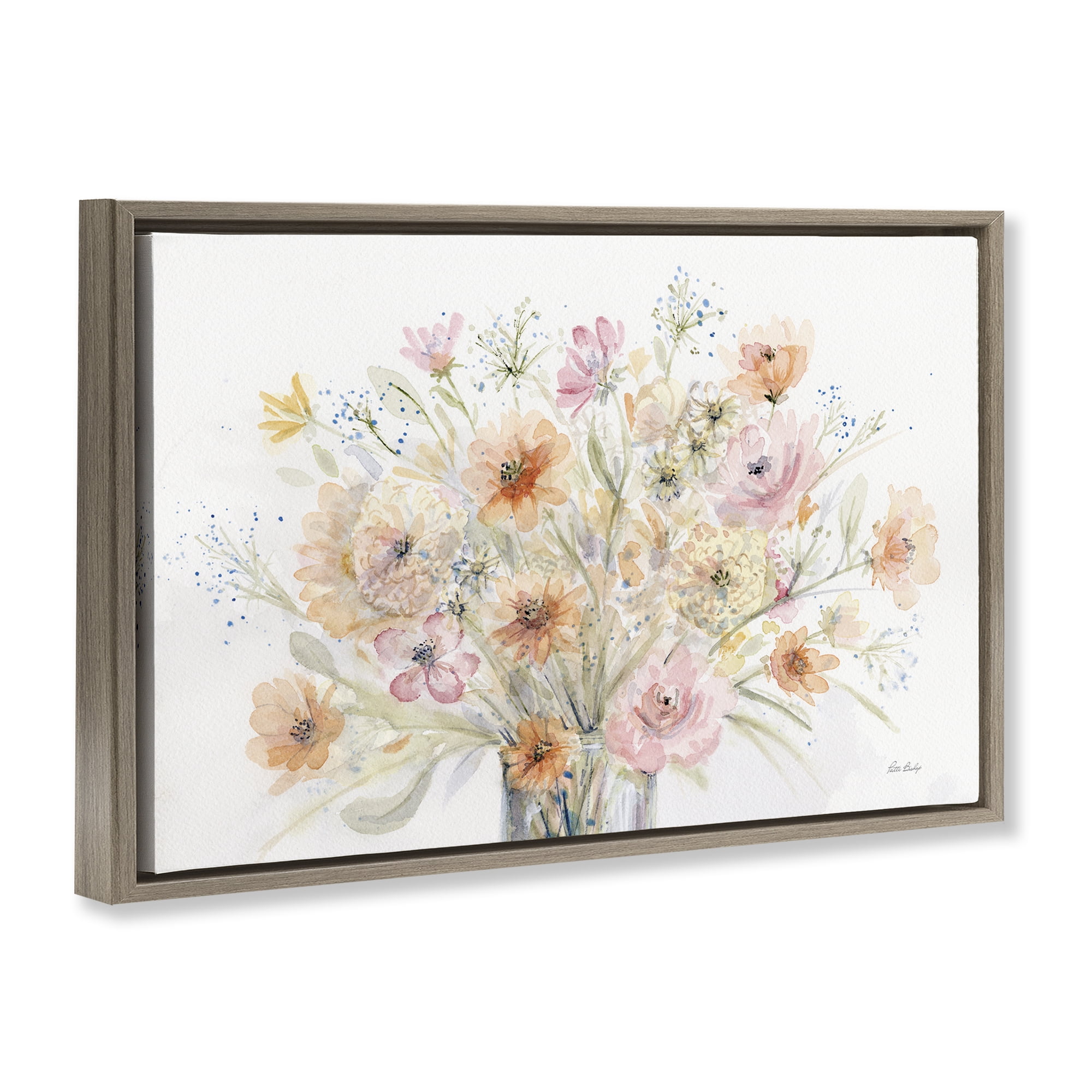 Stupell Industries Blush Pink Bouquet Plants & Flowers Painting Brown Floater Framed Canvas Art Print Wall Art, 25 x 17