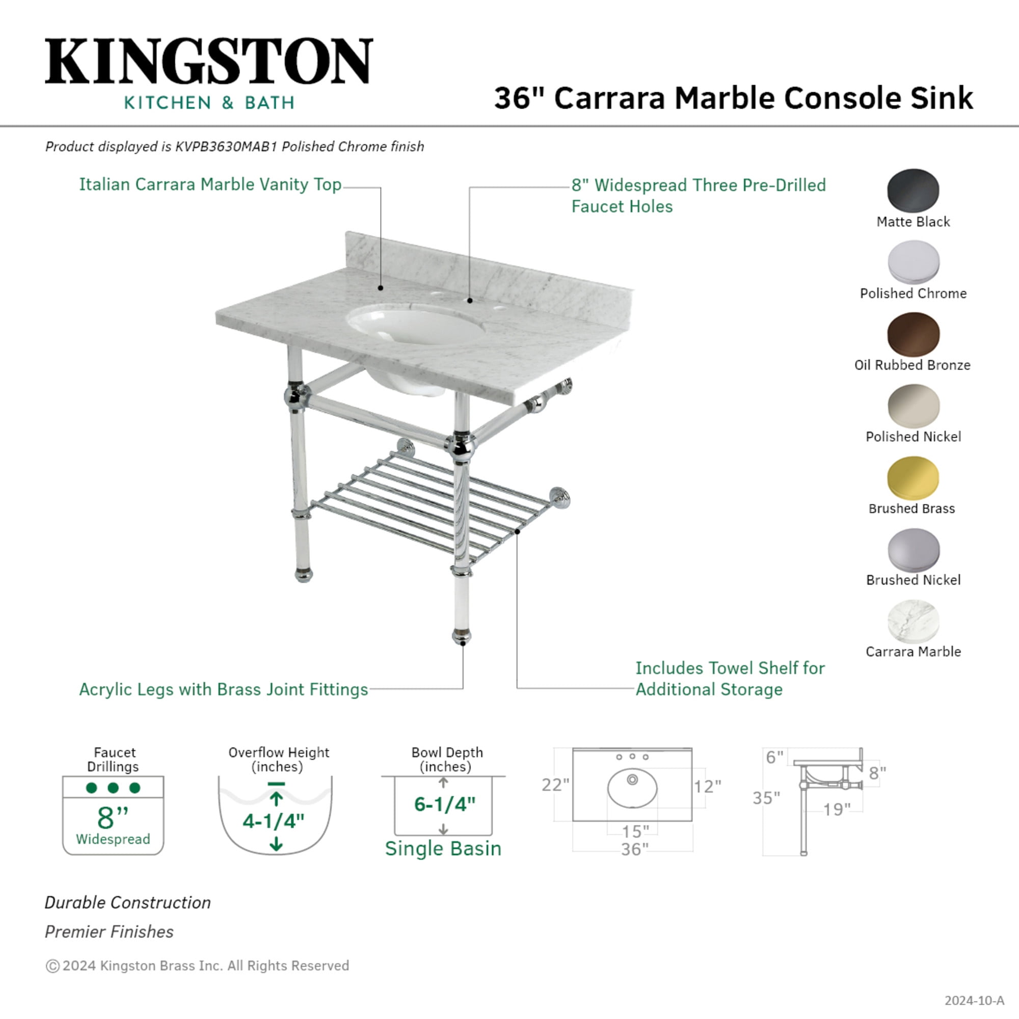Kingston Brass KVPB3630MAB5 Templeton 36" Carrara Marble Console Sink with Acrylic Legs and Shelf (8-Inch, 3-Hole), Carrara Marble White/Oil Rubbed Bronze