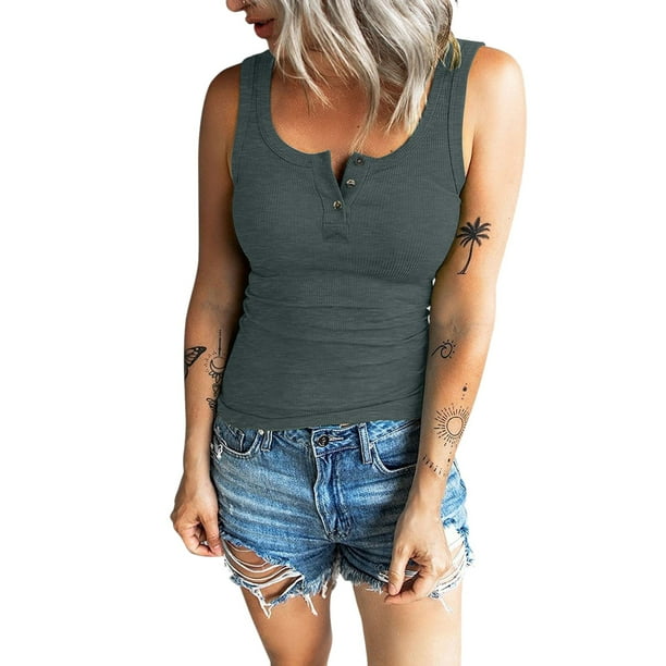 Camisetas Sin Mangas Para Adolescentes Camiseta sin mangas informal de Color sólido para mujer, camiseta sin mangas con botones y cuello redondo, chaleco de empalme de punto, camiseta (Grey, XXL)