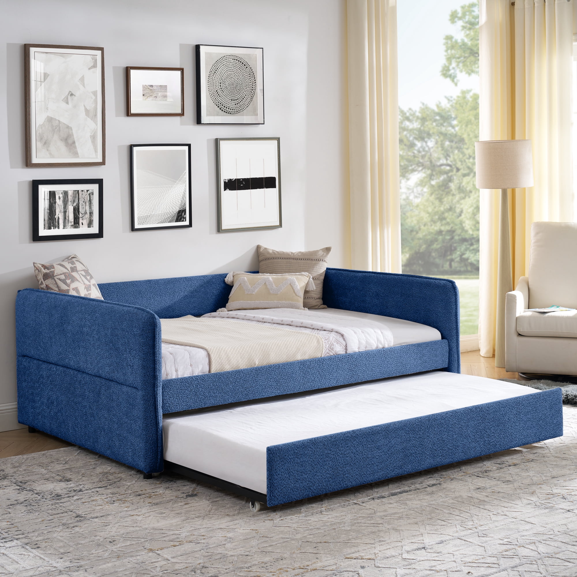 Mintazer Full Upholstered Daybed with Trundle, Boucle Fabric Sofa Bed for Living Room & Bedroom, Blue