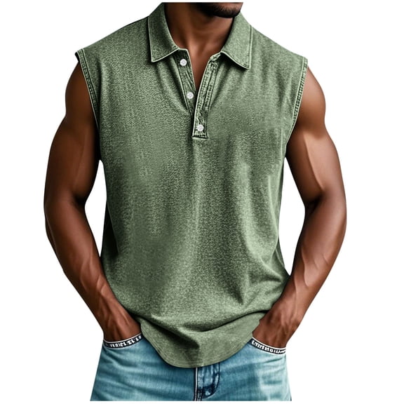 IROINNID Men's Sleeveless Turndown Collar Shirt Button Placket Wash Summer Casual Solid Color Lightweight Stretch Muscle Tank Top Breathable Activewear