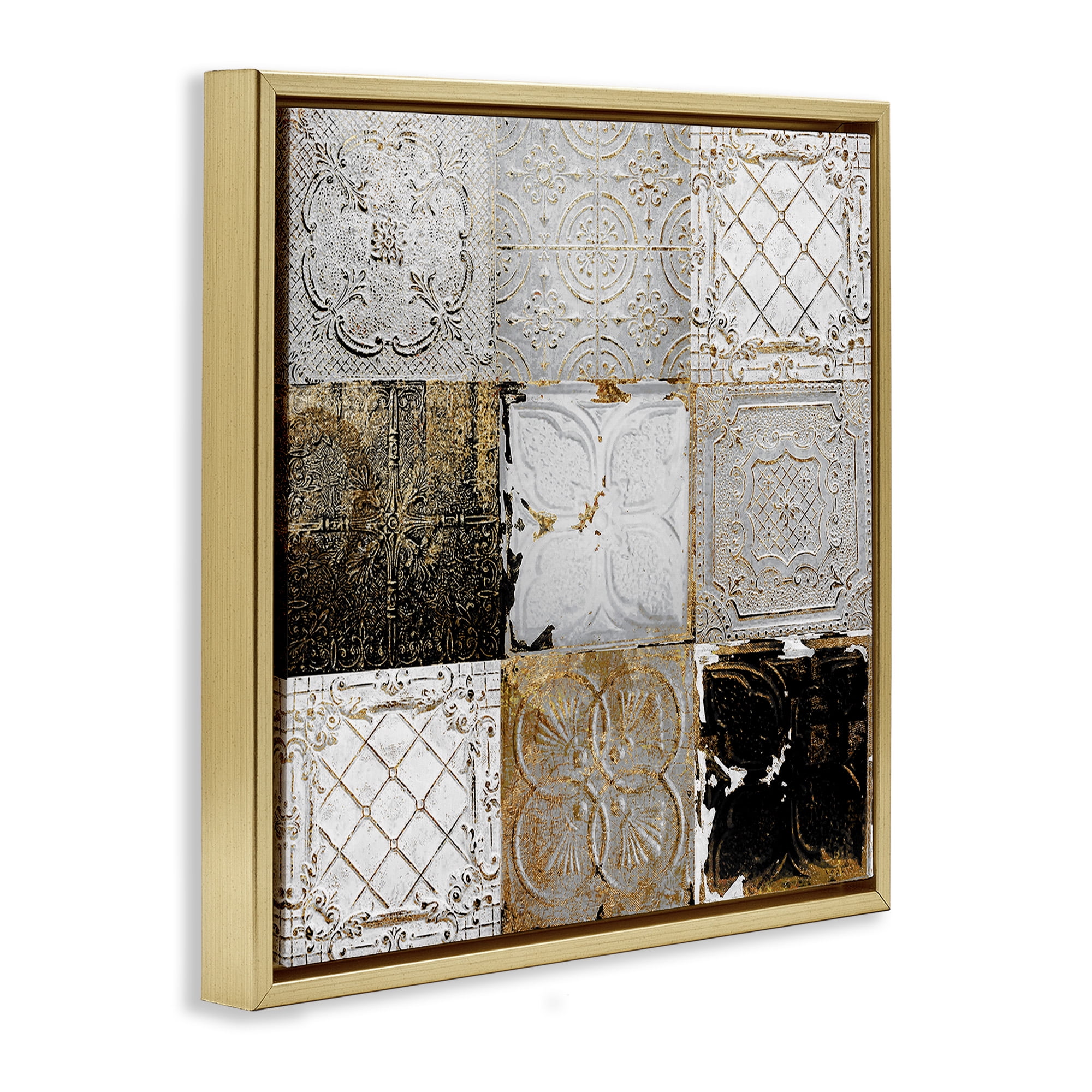 Stupell Industries Antique Ceiling Tile Collage Botanical & Floral Photography Gold Floater Framed Canvas Art Print Wall Art, 25 x 25