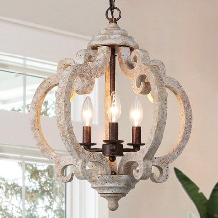 LNC Quaint 3-Light Antique White Farmhouse Led Cage WoodChandelier
