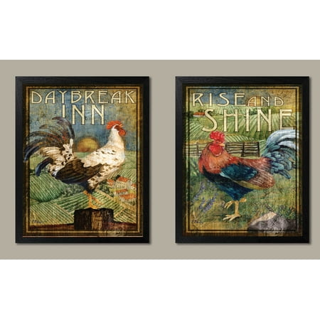 2 retro rooster rustic art prints; country kitchen decor, two