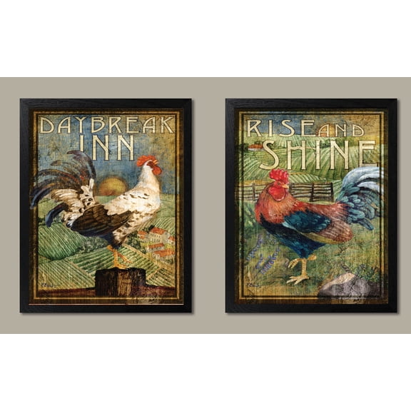 2 Retro Rooster Rustic Art Prints; Country Kitchen Decor, Two 11x14in Black Framed Prints