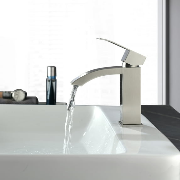 6"Bathroom Basin Sink Single-Handle Square bathroom faucet, Fit 1 holes Deck-Mounted Lavatory with Supply Hose,Rust & Corrosion resistant brass, Ceramic spool,4 Colours Available,Brushed Nickel finish