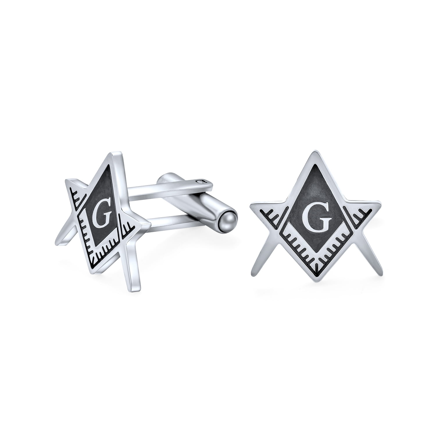 Bling Jewelry Freemasons Masonic Compass Symbol Cufflinks Apprentice Square for Men Black Silver Tone Stainless Steel Hinge Back 