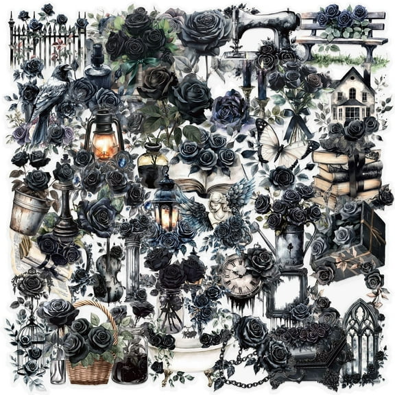 100 Pcs Dark Gothic Black Rose Stickers, Clear Vinyl Sticker, Dark Aesthetic Sticker for Adults,Scrapbooking, Journaling, Planner, Laptops