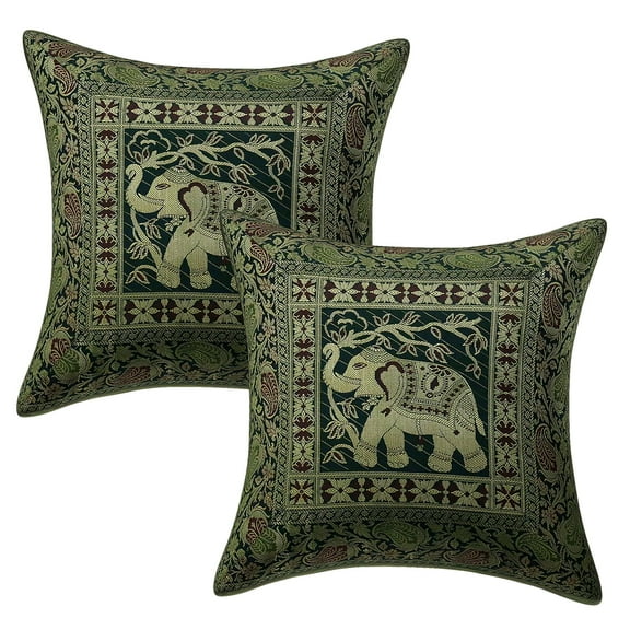 Stylo Culture Ethnic Couch Throw Pillow Covers 16x16 Jacquard Dark Green Square 40cm x 40cm Home Decor Brocade Elephant Zippered Cushion Covers | Set Of 2