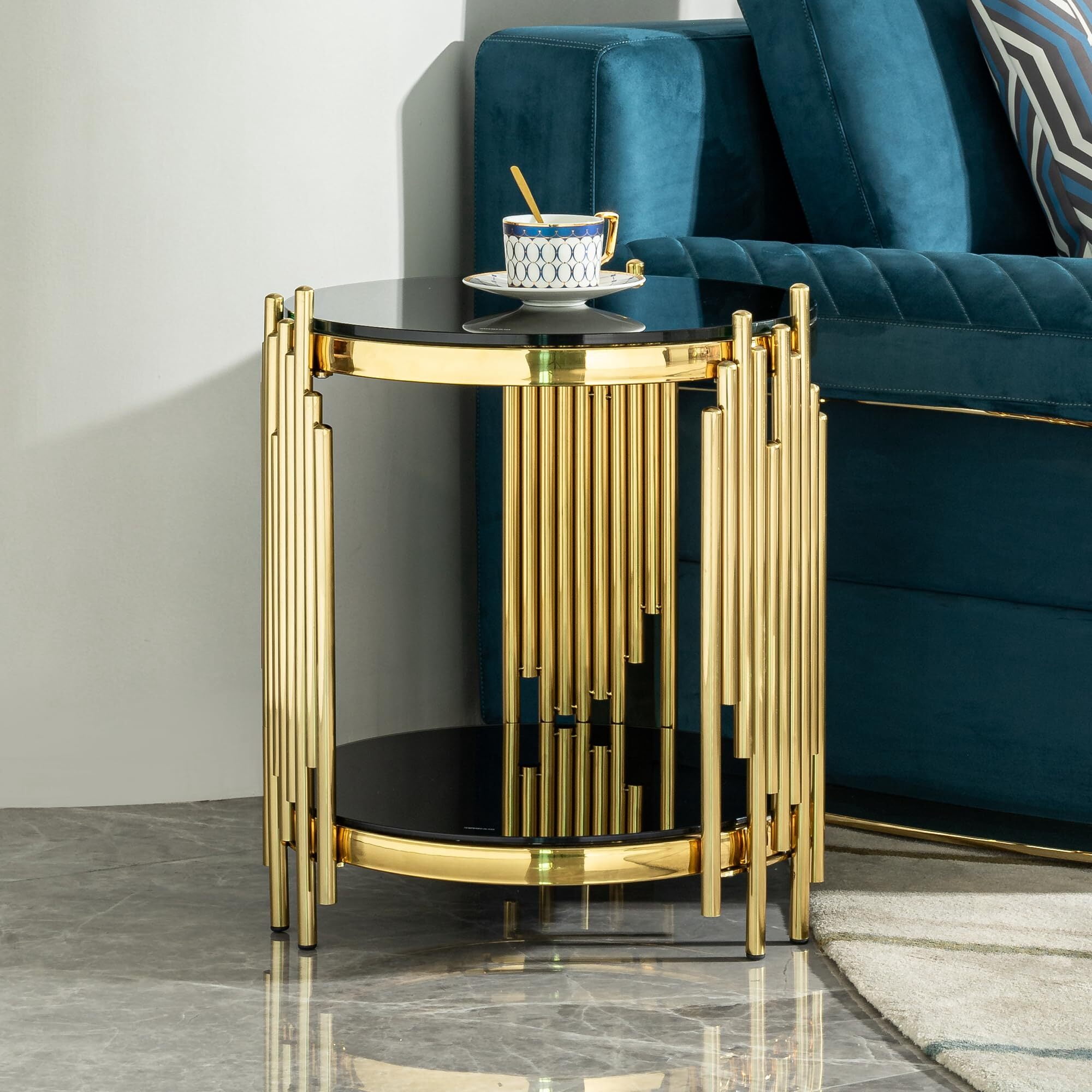Shikeyi 18" Modern 2-Tier Round End Table, Luxury Gold Stainless Steel Side Table with Black Tempered Glass Top for Living Room, Bedroom & Small Spaces