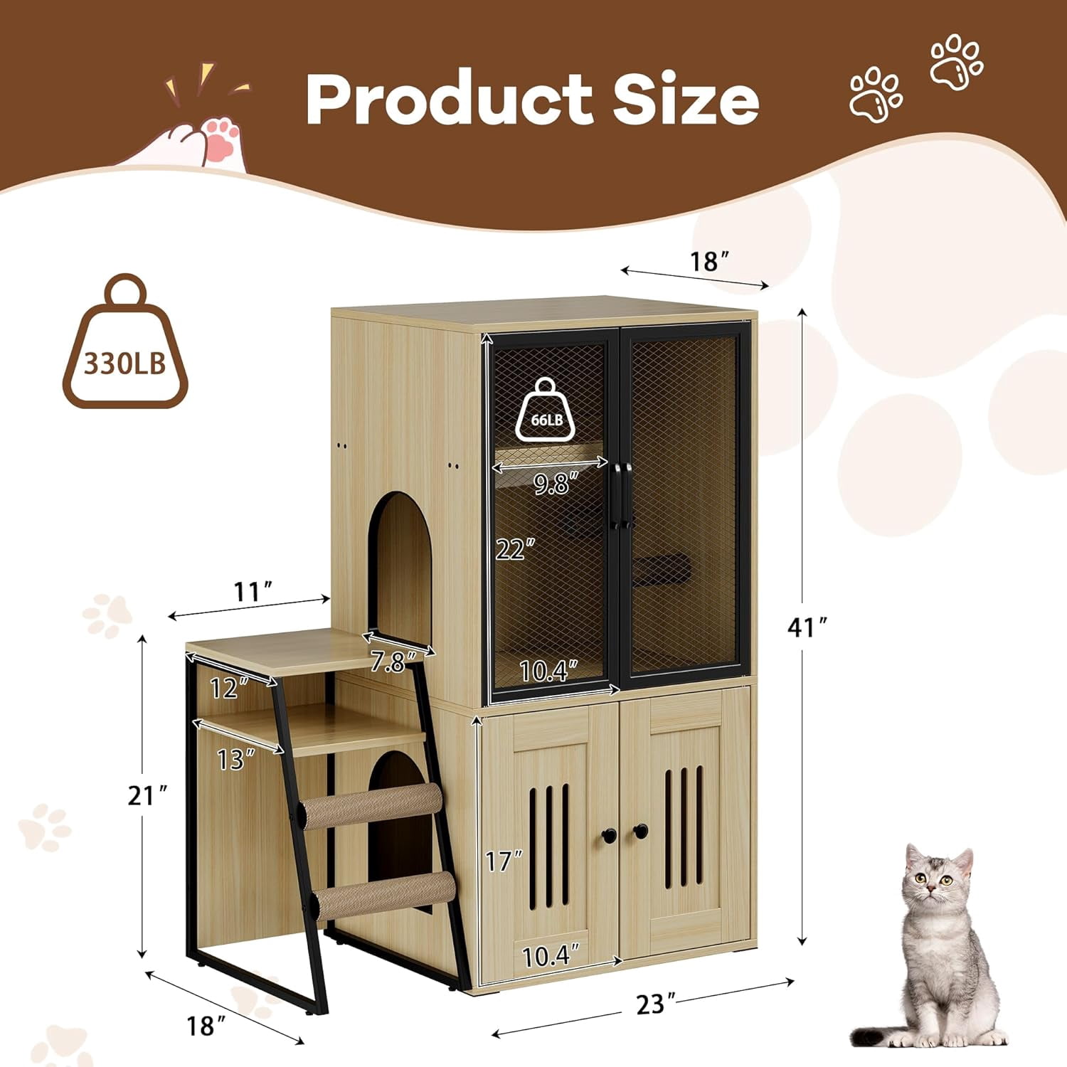 Cat Litter Box Enclosure for 2 Cats and Doors,Double Cat House with Storage Space,Enclosed Litter Box Furniture with Ladder