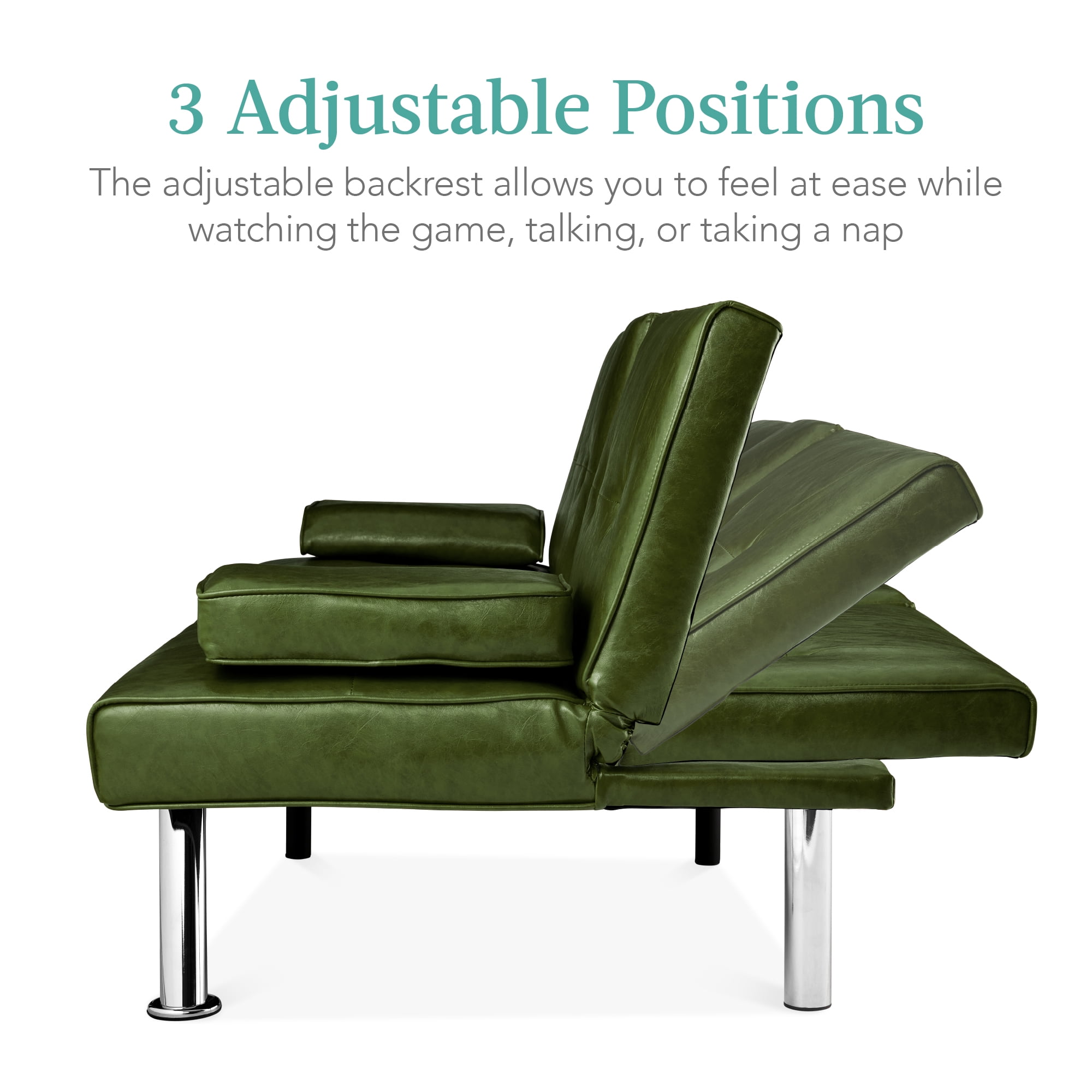 Best Choice Products Modern Faux Leather Convertible Futon Sofa w/ Removable Armrests, 2 Cupholders - Dark Green
