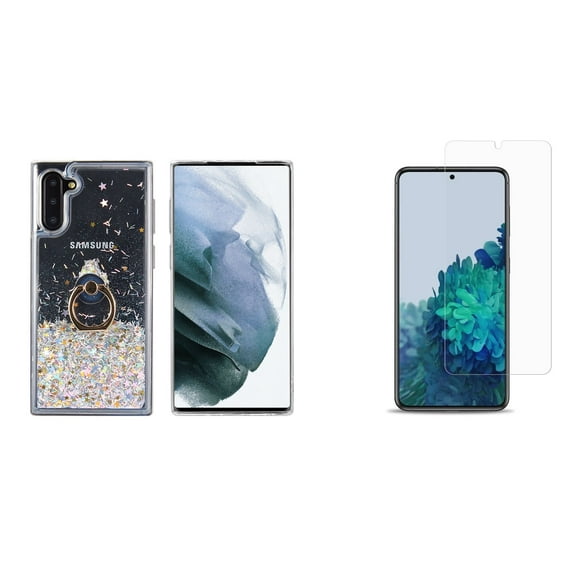 Bemz Waterfall Case for Samsung Galaxy S21, 6.2-inch (Liquid Glitter Ring Holder Stand Cover) Bundled with (2-Pack) Tempered Glass Screen Protectors and Touch Tool - Silver