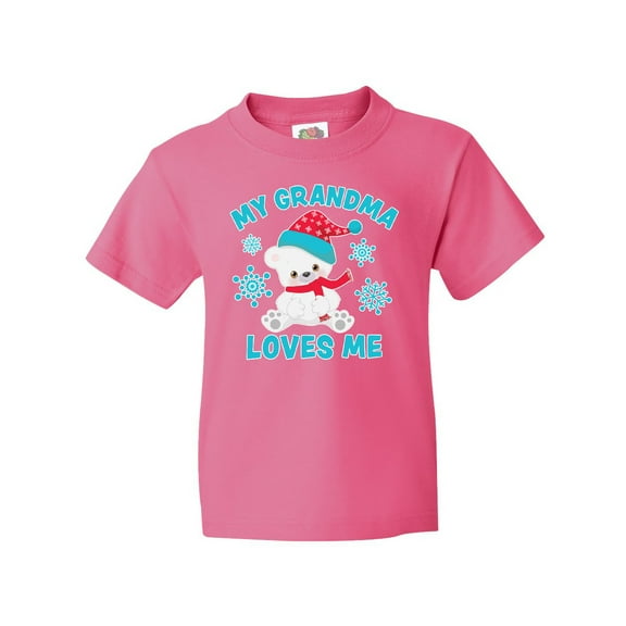 Inktastic Polar Bear My Grandma Loves Me in Santa Hat with Snowflakes Youth T-Shirt