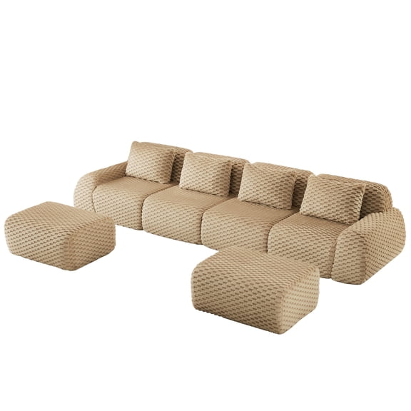 Aukfa 146" U-Shaped Modular Cloud Sectional Sofa, Oversized Deep-Seat 6-Seater Couch with 2 Ottomans, Flannelette Upholstered Boneless Sofa, Light Camel