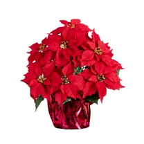 Nearly Natural 19in. Artificial Lush Poinsettia Arrangement in Red Wrapped Planter