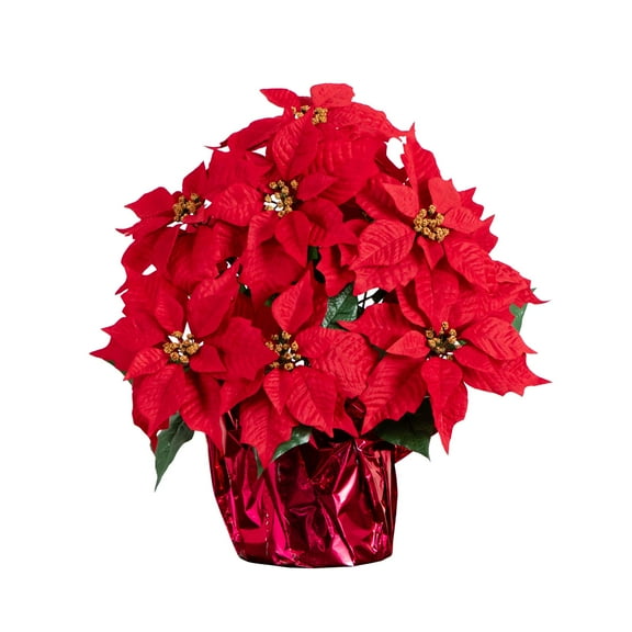 Nearly Natural 19in. Artificial Lush Poinsettia Arrangement in Red Wrapped Planter