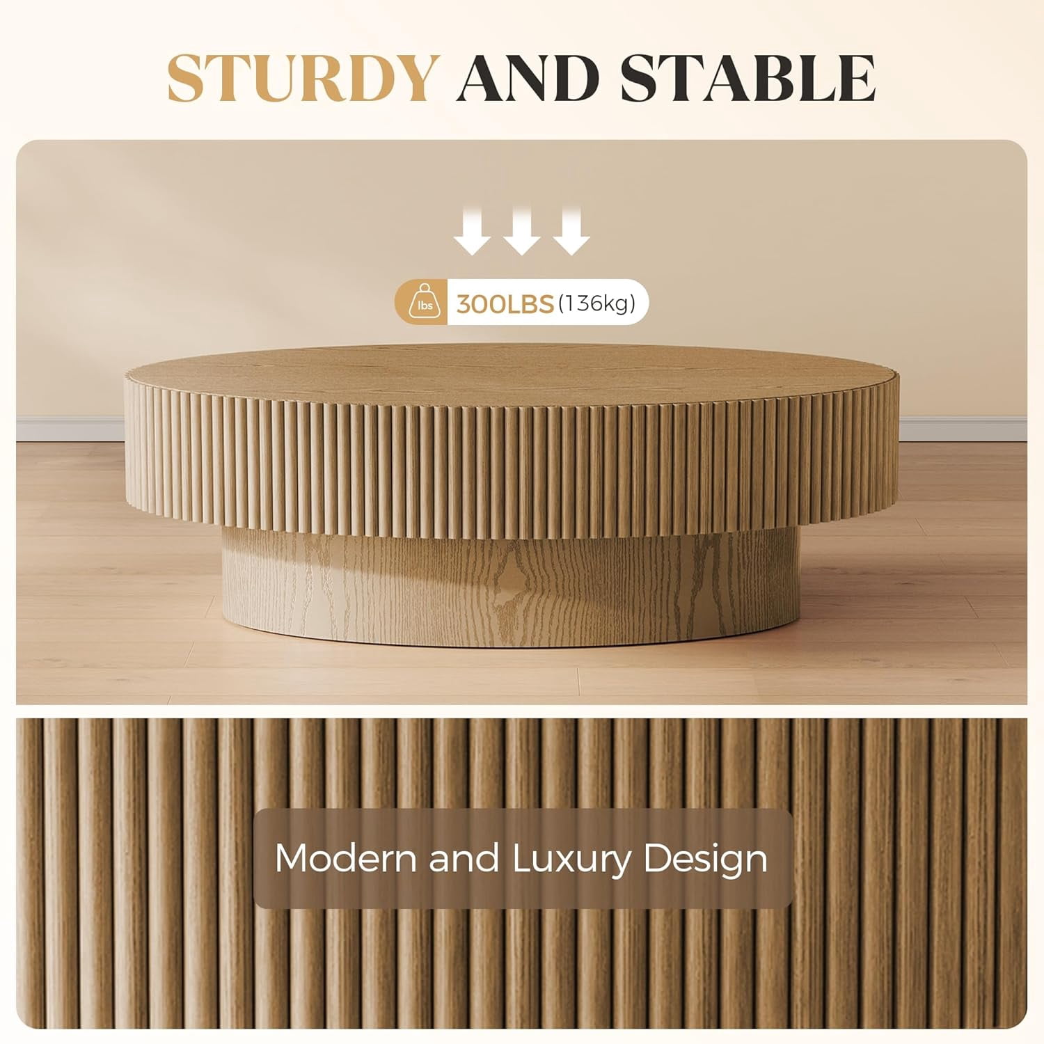 Gelloan 43.7" Olive Shape Wood Coffee Table, Modern Fluted Coffee Table for Living Room, Veneer Handcrafted Relief Tea Table with Sturdy Pedestal,Natural