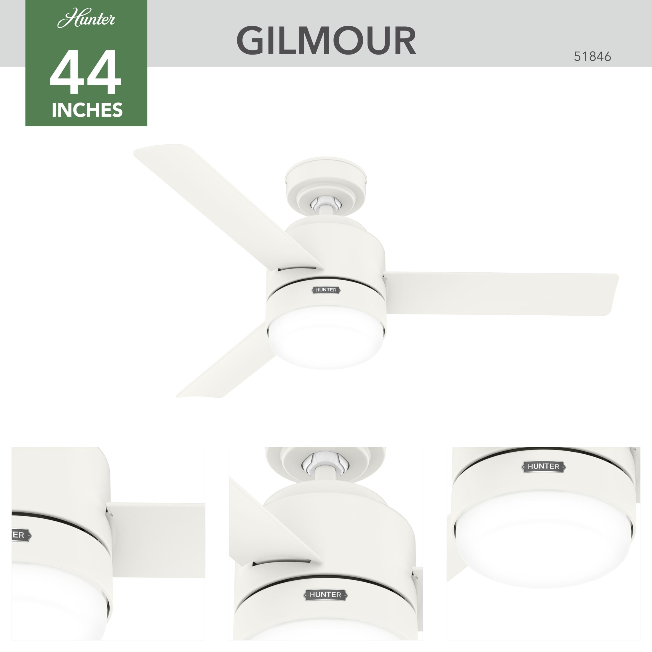 Hunter - Gilmour Indoor/Outdoor Ceiling Fan With Light, Remote, 44-inch, Matte White, Casual-style, 3-speed WhisperWind Motor, 51846, for Porches, Bathrooms
