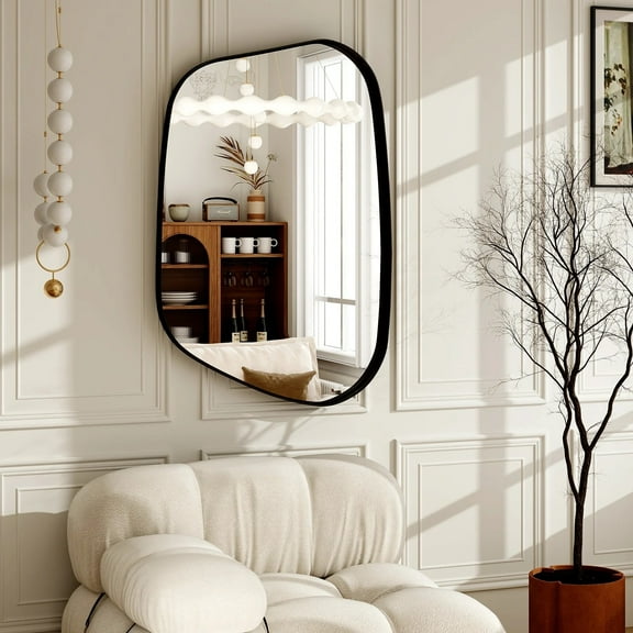 BEAUTYPEAK 30"x22" Irregular Wall Mirror Asymmetrical Decorative Bathroom Mirror Deep Frame, Black