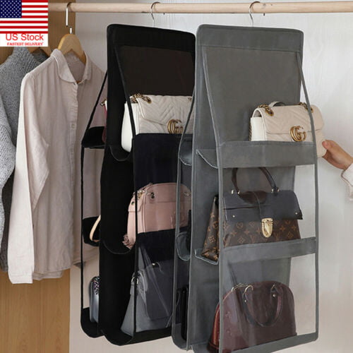 Pudcoco 6 Pockets Clear Hanging Purse Handbag Tote Bag Organizer Closet Rack Bag, Size: One size, Black