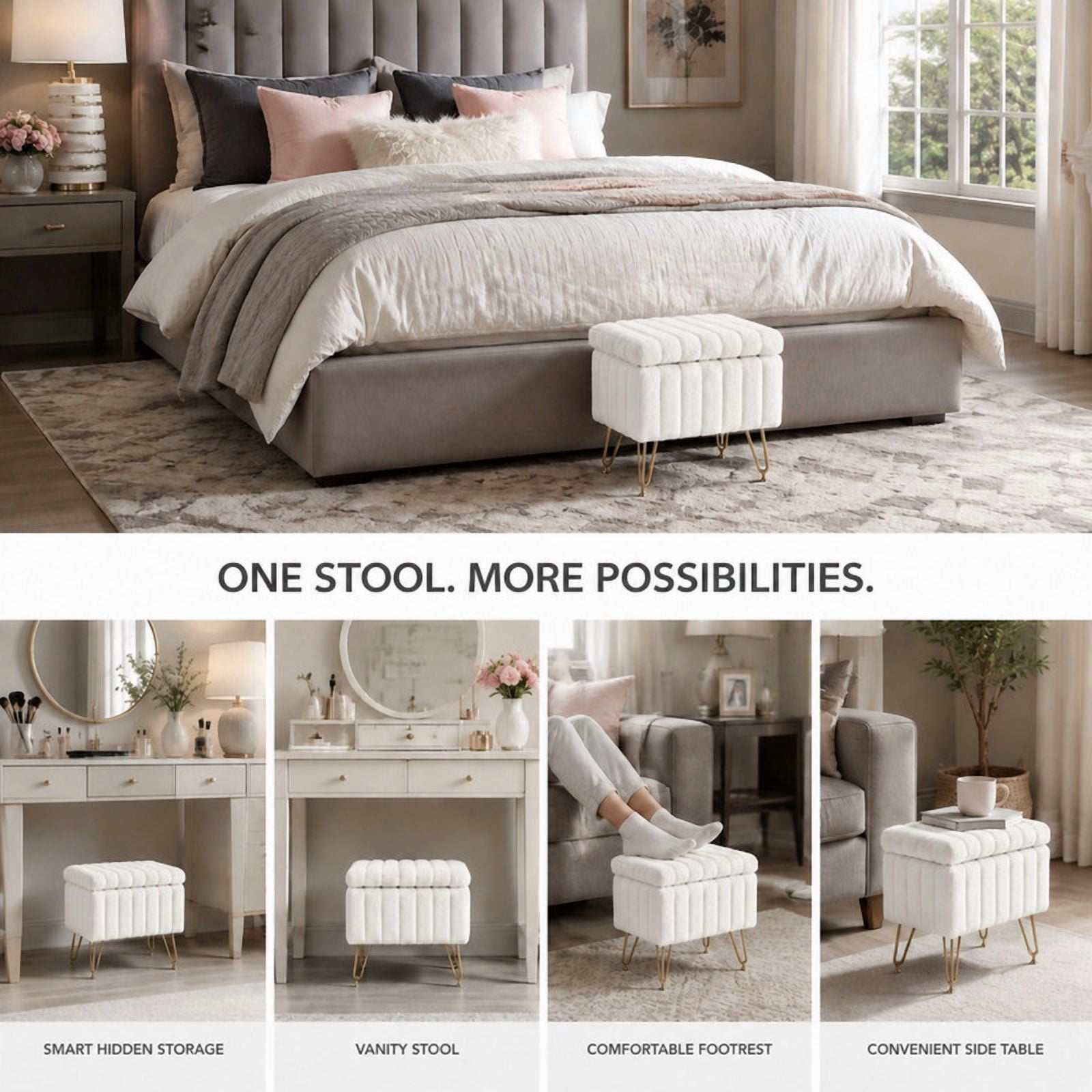 BEAUTYPEAK Vanity Stool with Storage Faux Fur Padded Makeup Ottoman with Gold Metal Legs and Adjustable Feet 18.9" Footstool, White