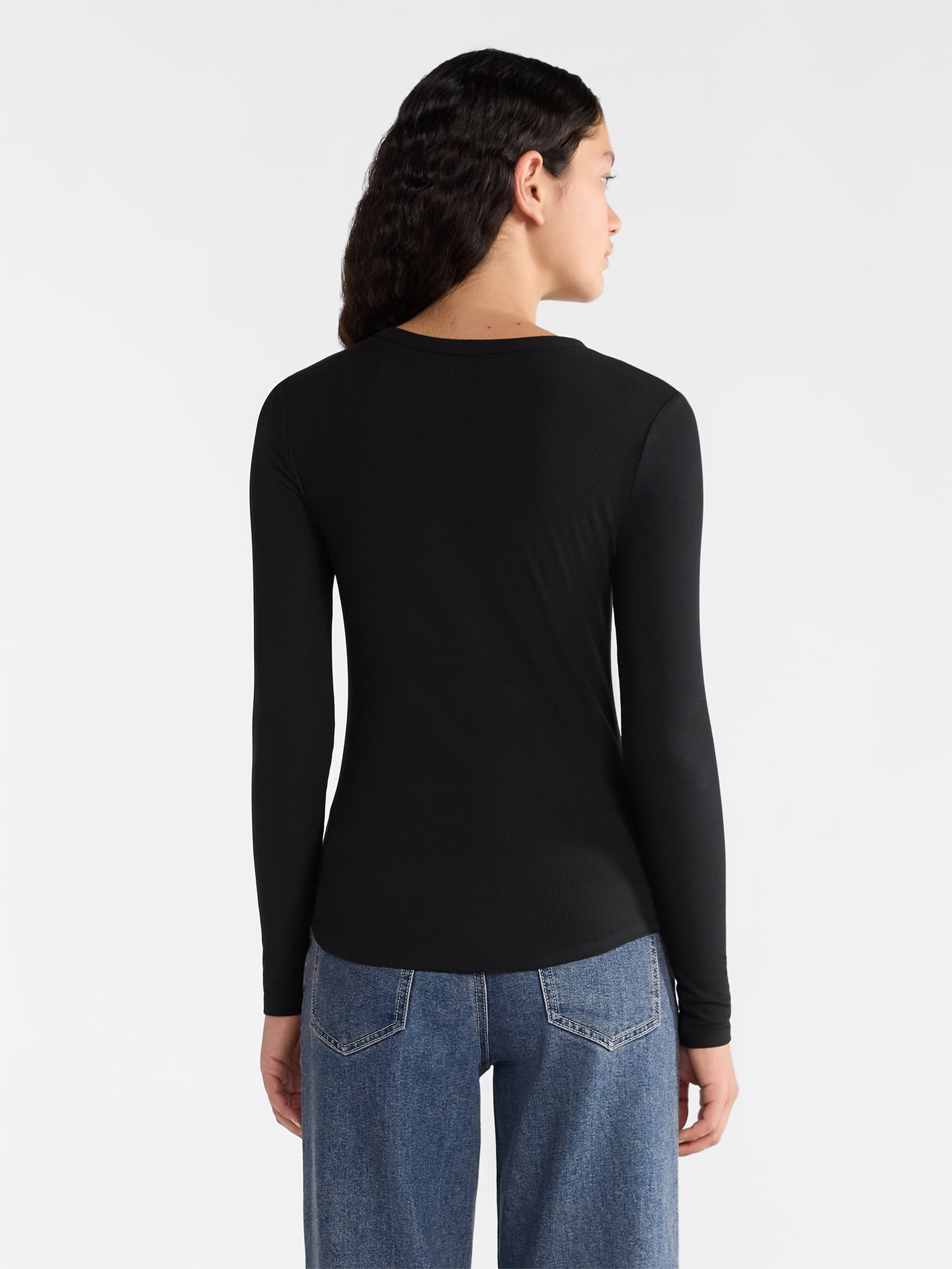 No Boundaries Ribbed Crewneck Tee with Long Sleeves, 1 or 2-Pack, Women's & Women's Plus XXS-XXL