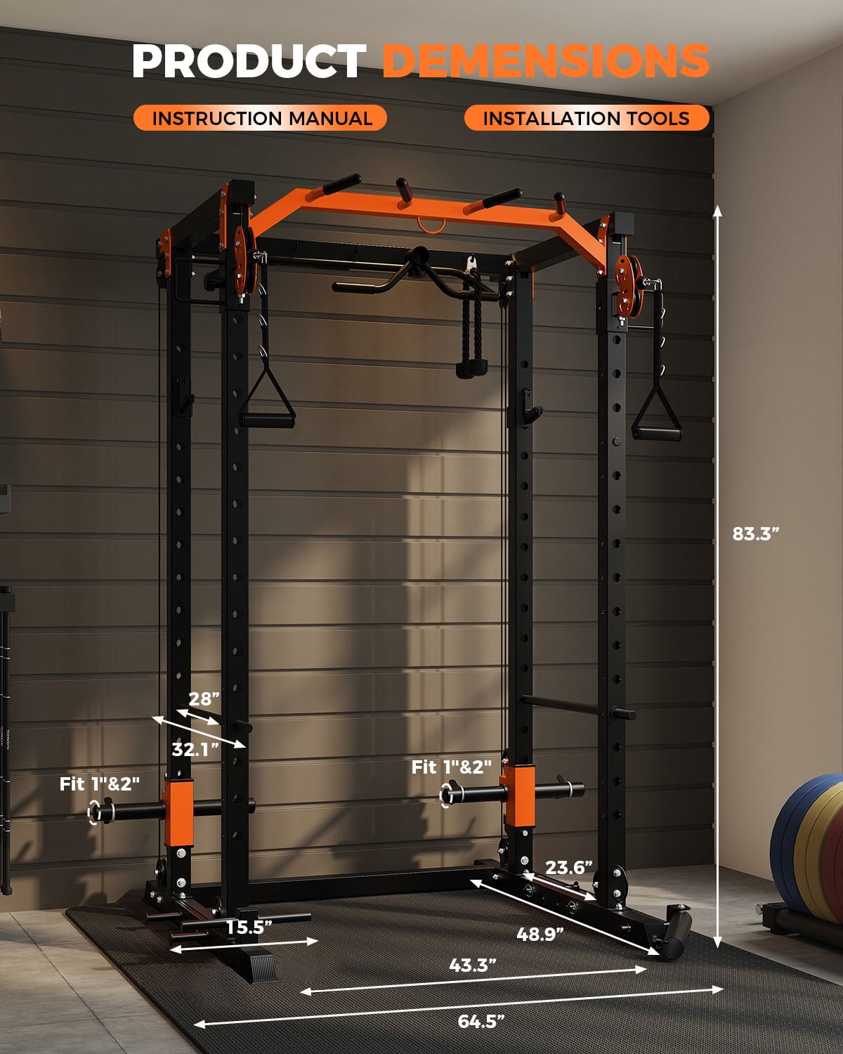 GARVEE Multi-Functional Squat Rack with LAT Pulldown System Exercise Power Cages,2000lb Capacity,Black&Orange
