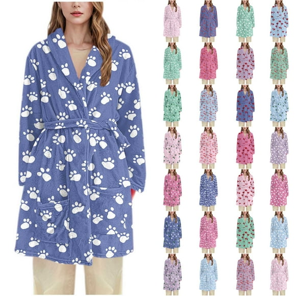Frostluinai Women's Cute Paw Pattern Flannel Robe Soft Warm Winter Plush Fleece Bathrobe Housecoats Nightgown with Pockets