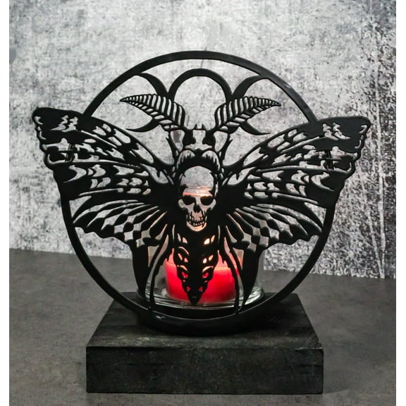 Death's Head Skull Moth Triple Moon Coated Metal Votive Tea Light Candle Holder