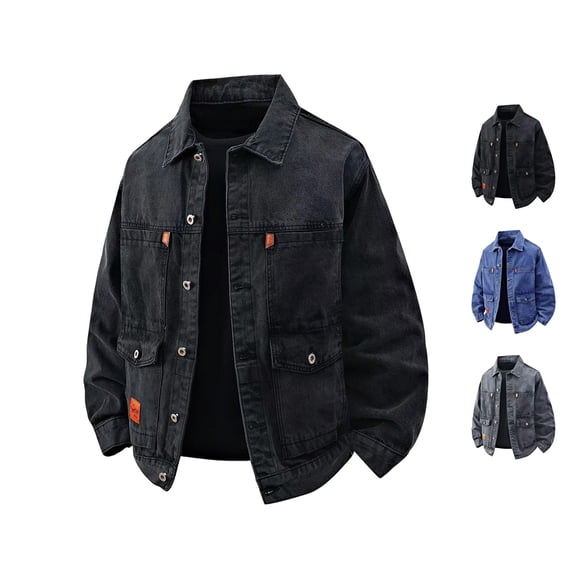 JTSRKL Cargo Denim Jackets for Men Classic Lapel Button Down Long Sleeve Tops Classic Vintage Cowboy Jean Daily Comfort Soft Fit Coat