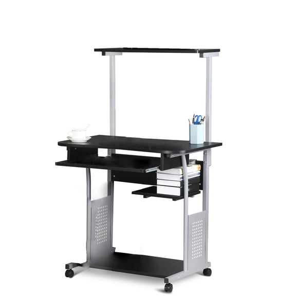 Mobile Computer Desk with Printer Shelf, Keyboard Tray, Compact Study Table with Lockable Casters for Dormitory, Space-Saving Laptop Cart with Detachable Top Shelf, Black.
