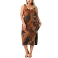thumbnail image 1 of Vestido de verano sin mangas para mujer de talla grande Agnes Orinda, con diseño de teñido anudado, abertura lateral, escote en V, estilo casual midi, talla 1X, color naranja y marrón, 1 of 5