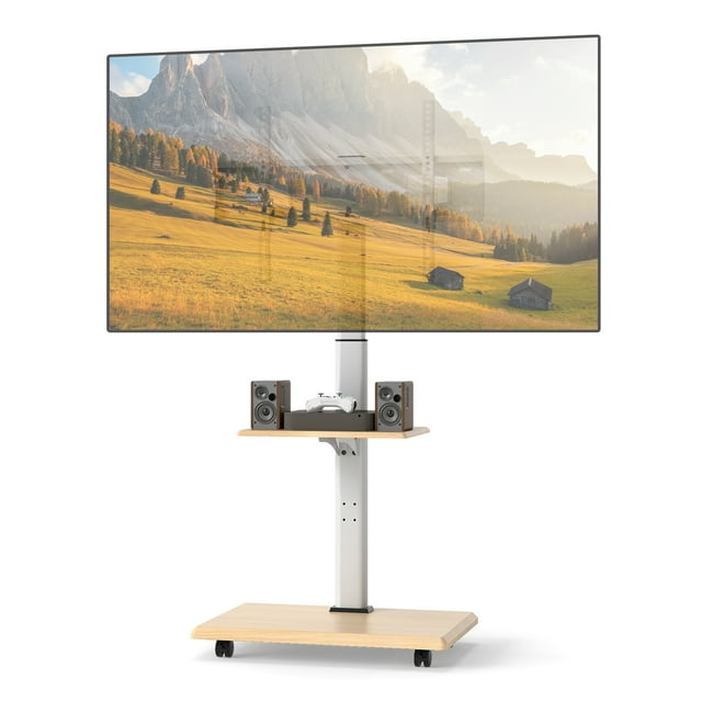 Gymax Meuble Télé Roulant sur Roulettes avec Support Inclinable à 30 Degrés, Tablette Réglable et Gestion des Câbles, Naturel et Blanc