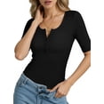 thumbnail image 2 of MOYIKO Womens Half Sleeve Summer Tops Henley Button Slim Fit Basic Casual T Shirts Fashion Clothing, 2 of 7
