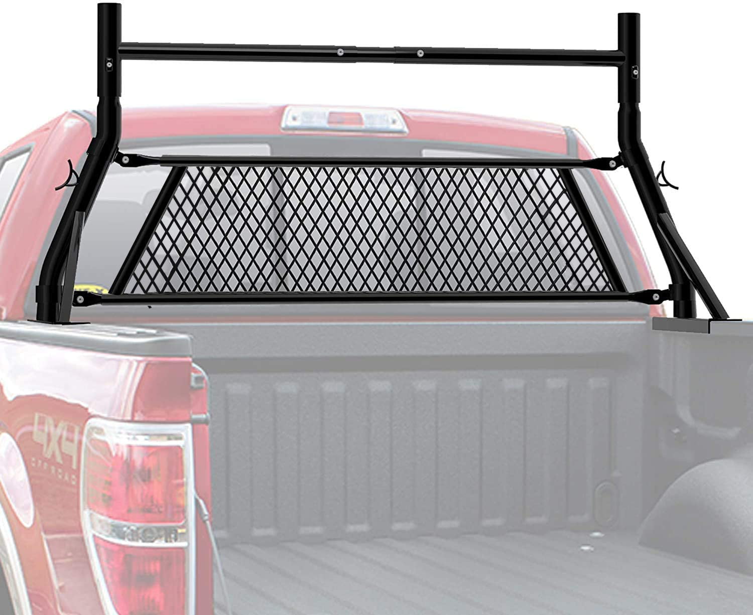 TMS 800Ibs Non Drilling Extendable Steel Universal Pickup Truck Ladder Rack Low Profile Sport Bar with Removable Window Protector Headache Rack and Mounting Clamps Lumber Utility 2 Bar Set 24 