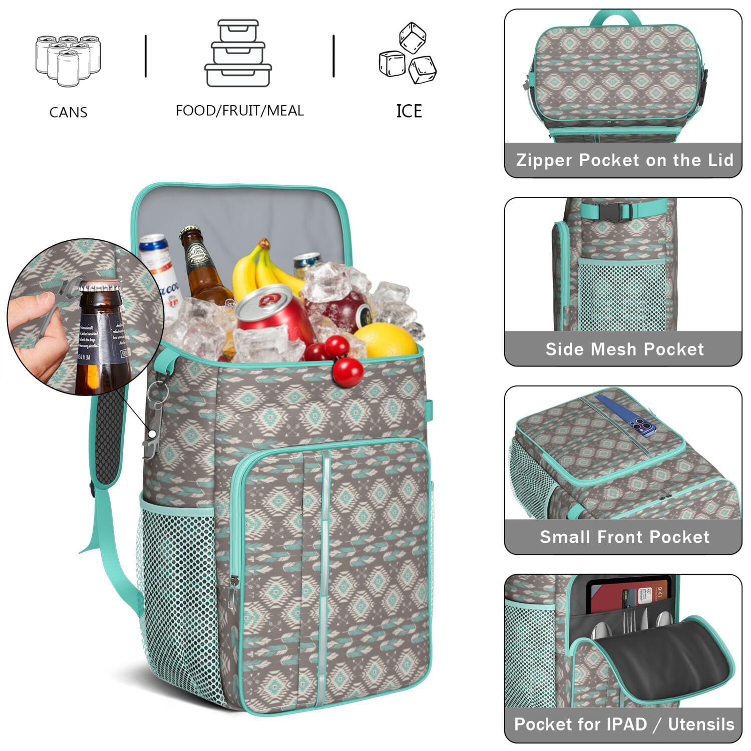Travel Cooler Bag - Boho Bohemia Pioneer Flower Geometric Line Art Camping Beer Cooler Backpack with Bottle Opener- Waterproof Insulated Picnic Backpacks - Cooler Bag for Beach
