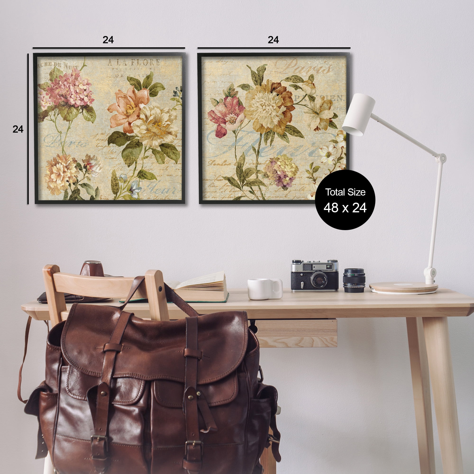 Stupell Industries Vintage French Floral with Script Botanical & Floral Painting Black Framed Art Print Wall Art, 24 x 24, Set of 2