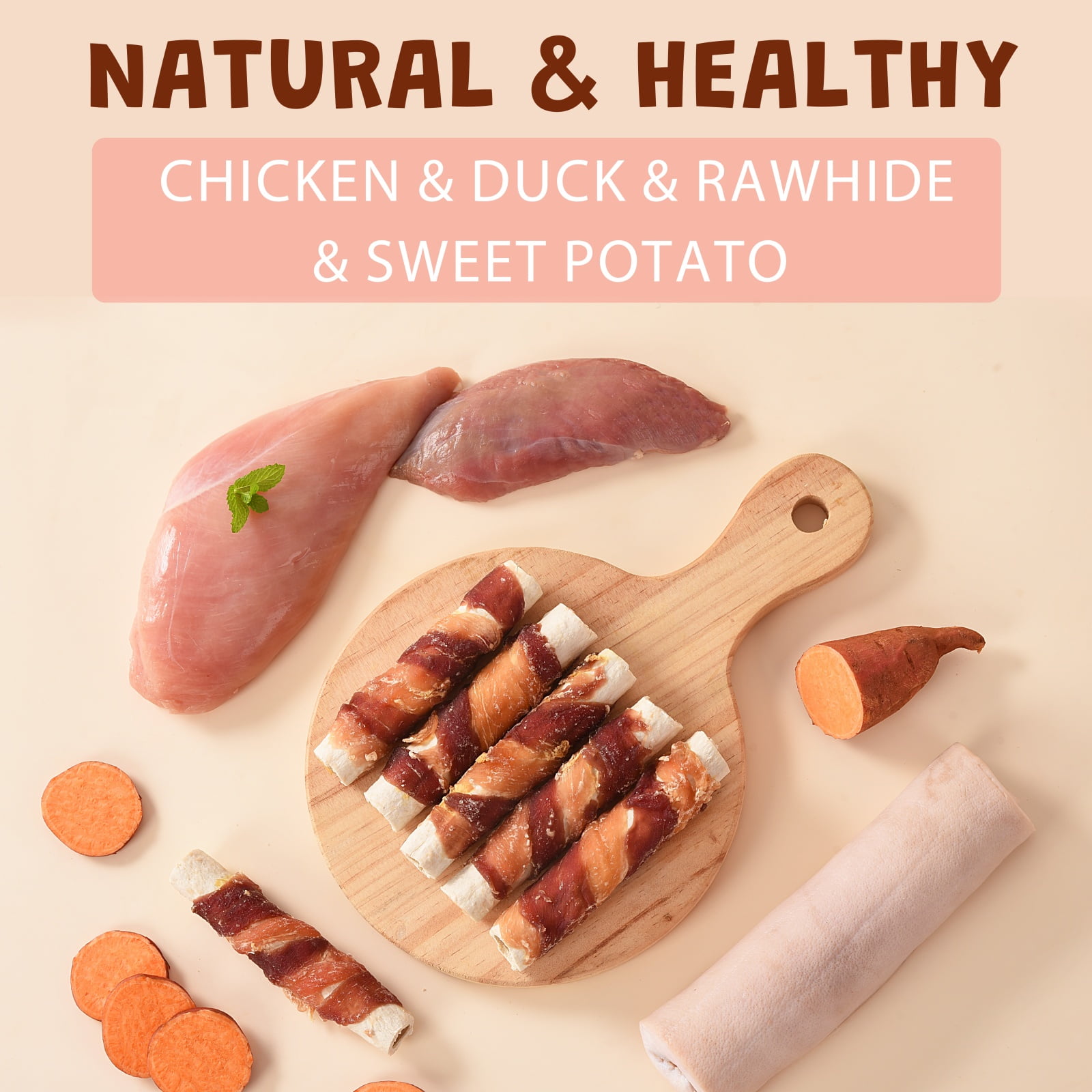 (2 pack) ASMPET Rawhide Dog Treats Chicken & Duck Wrapped Rawhide Sweet Potato Stick, Long Lasting Dog Bone, Teeth Cleaning for Medium Large Dogs, 10.6oz