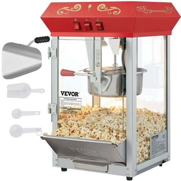 VEVOR Popcorn Maker, 850W Popcorn Popper Machine, 8 Oz Kettle Makes 48 Cups per Batch, Countertop Popcorn Maker with Tempered Glass, Includes 4 Scoops