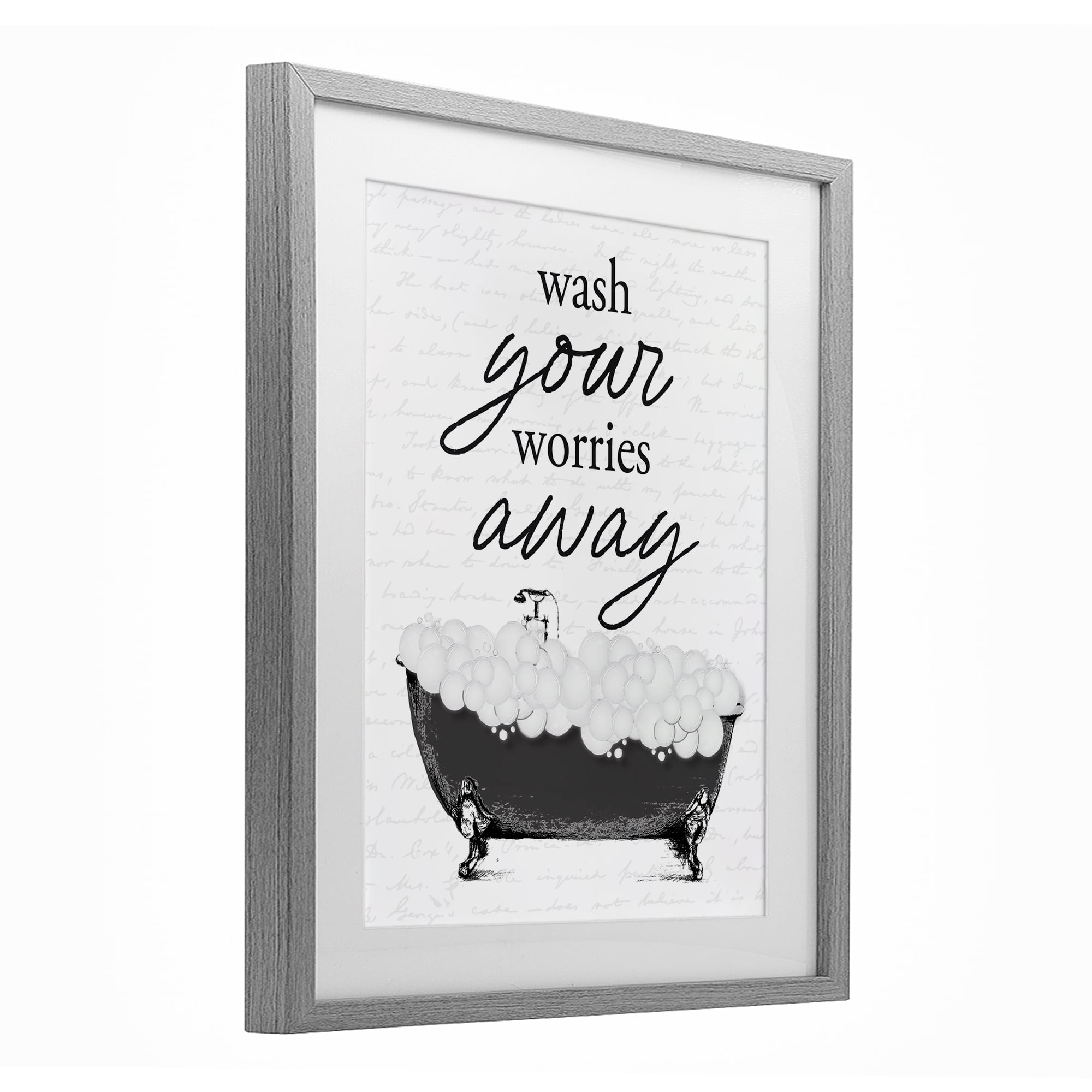 Bubble Bath Wash Worries Gray Framed Print Under Glass, design by Lettered and Lined