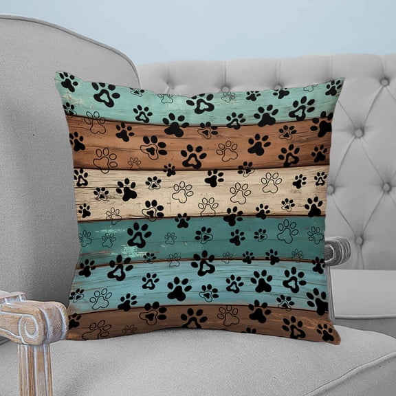 Green Brown Paw Print Decorative Pillowcase 20''x20'', Vintage Farmhouse Country Wooden Grain Throw Pillow Covers Soft Cushion Case for Couch Sofa Bedroom Living Room, Pillowcase Boho Decor