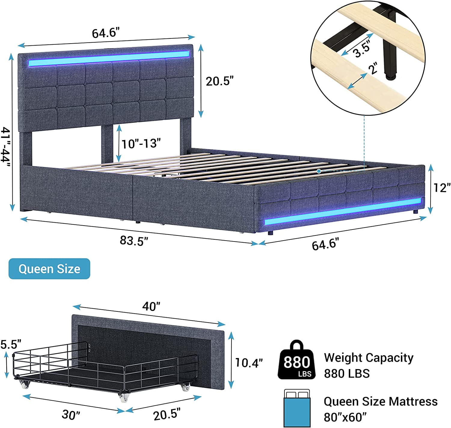 Afuhokles LED Bed Frame Queen Size with 2 USB Ports, Platform Bed Frame with Headboard and Footboard, Storage Drawers, Dark Grey