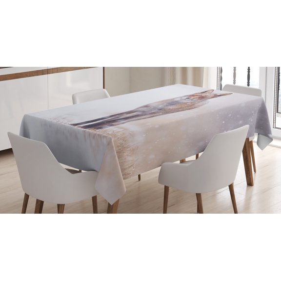 Ambesonne Fox Tablecloth Rectangular Table Cover, Rural Field Snow Stormy, 52"x70", Brown White